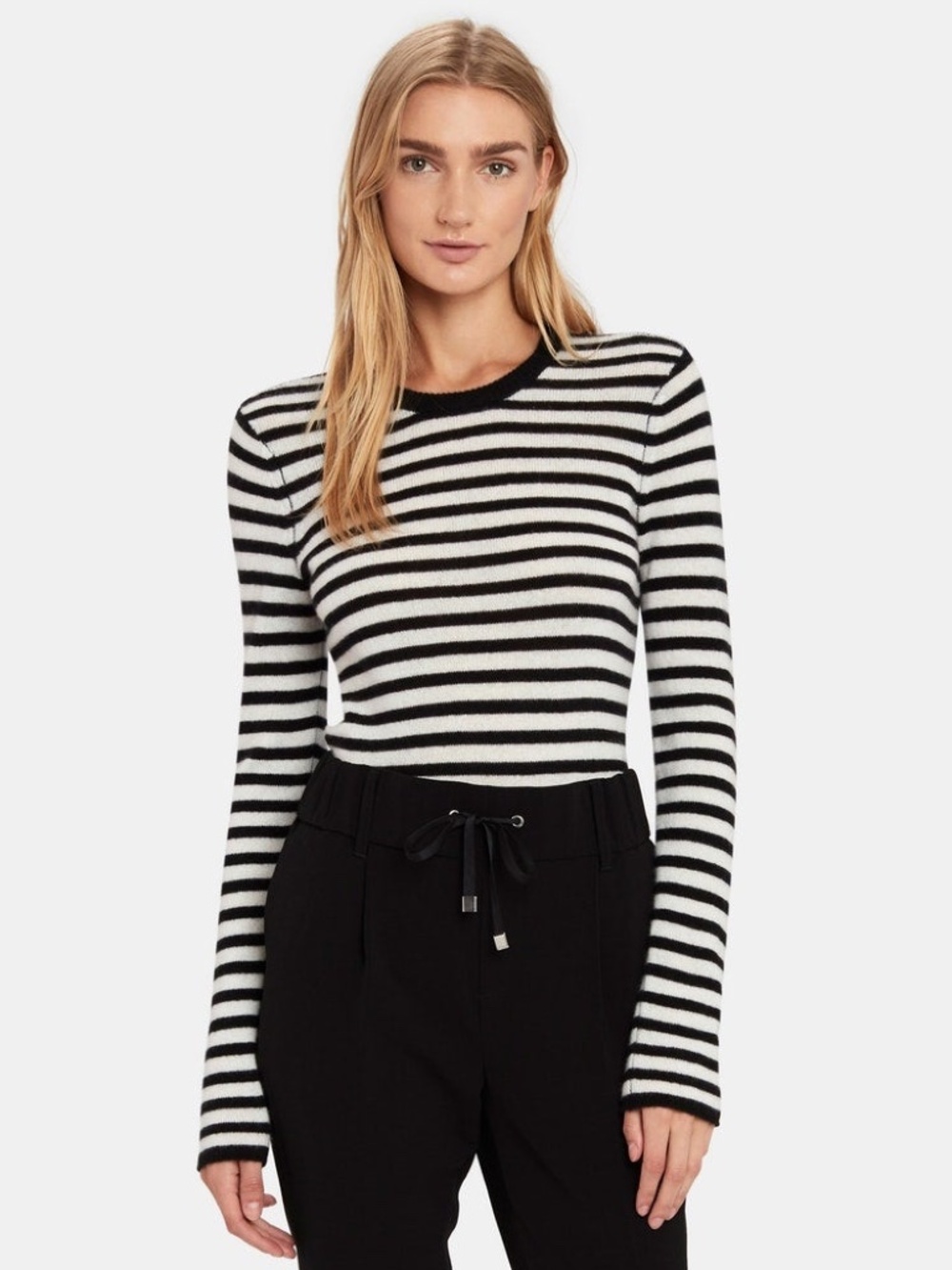 ATM WOMEN'S STRIPED NAVY 100%  CASHMERE CREW SWEATER SMALL S